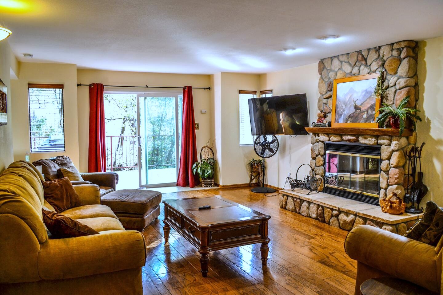 The living room and fireplace